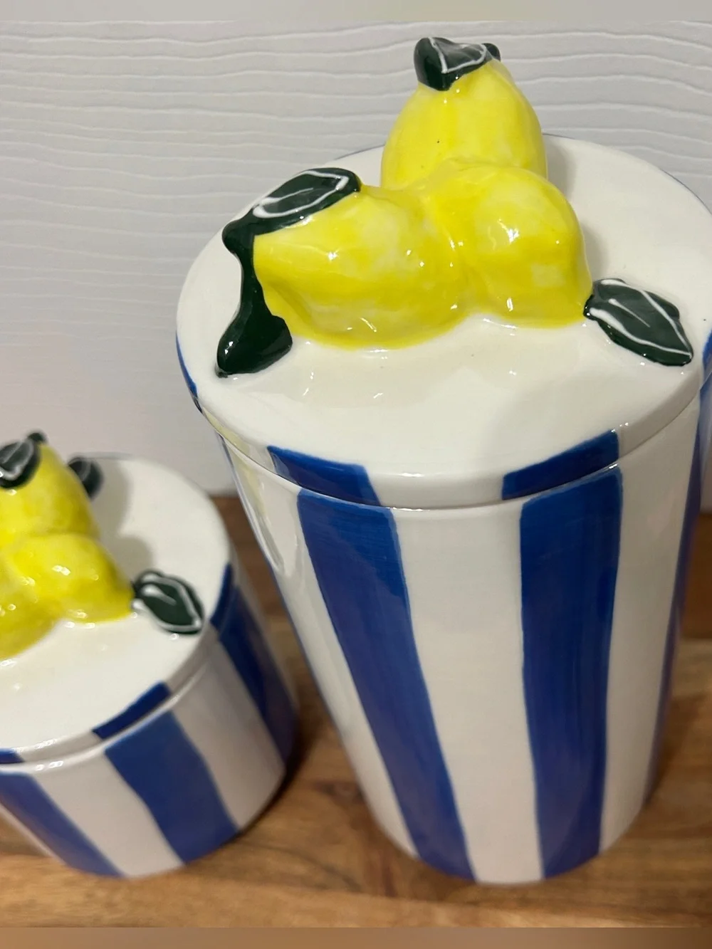 Hobby Lobby 2 Lemon Ceramic Canisters With Lid Blue Stripe Candy Cookie Jar NEW